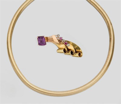 Lot 63 - Gold Snake Chain Necklace and Amethyst, Ruby and Diamond Scroll Brooch