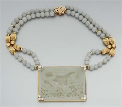 Lot 449 - Double Strand Jade Gold Bead Necklace with Carved Jade and Diamond Pendant