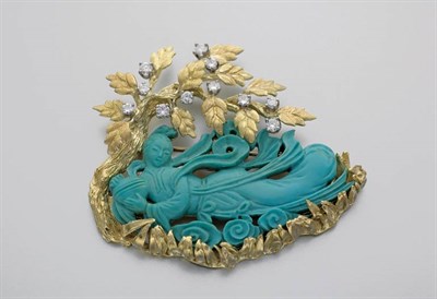 Lot 308 - Gold, Diamond and Carved Turquoise Brooch