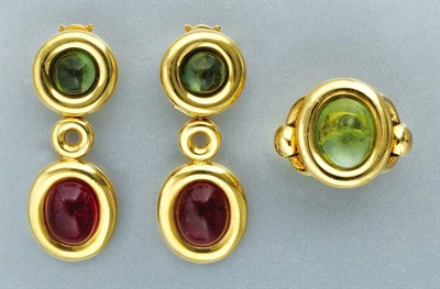 Lot 339 - Pair of Gold, Cabochon Pink Tourmaline and Tourmaline Pendant-Earclips and Ring