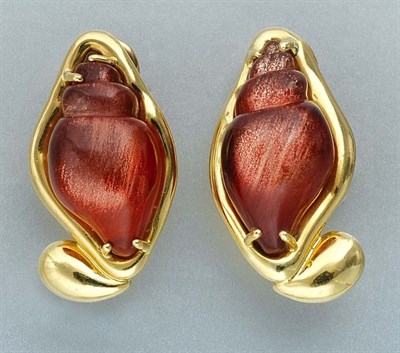 Lot 338 - Pair of Gold and Carved Pinkish-Brown Labradorite Shell Earclips