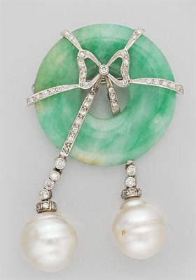 Lot 140 - Jade, Diamond and Semi-Baroque Cultured Pearl Brooch