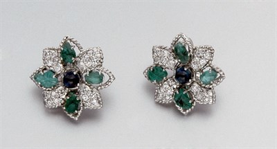 Lot 638 - Pair of Carved Emerald, Cabochon Sapphire and Diamond Flower Earclips