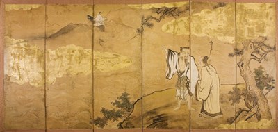 Lot 1116 - Ink and Color and Gold Leaf Six-Panel Screen...