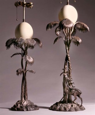 Lot 3280 - Two Silvered Metal and Ostrich Egg Two-Light...