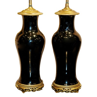 Lot 444 - Pair of Chinese Black Glazed Porcelain Lamps...