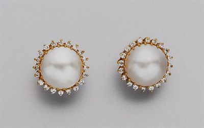 Lot 770 - Pair of Mabe Pearl and Diamond Earrings