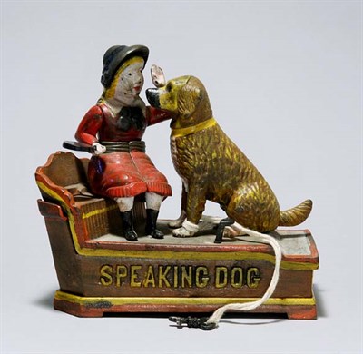 Lot 2222 - Painted Cast Iron Speaking Dog Mechanical Bank...