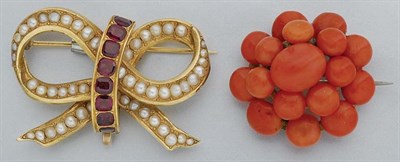 Lot 9 - Antique Coral Cluster Brooch and Split Pearl and Garnet Bow Brooch