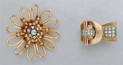Lot 45 - Gold and Diamond Flower Clip-Brooch and Buckle Ring