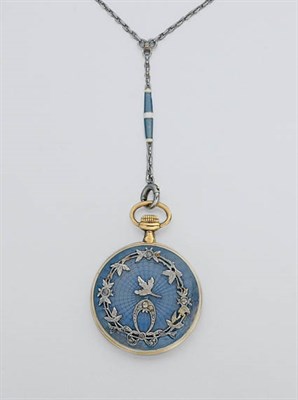 Lot 315 - Blue Guilloche Enamel and Diamond Pendant-Watch Necklace