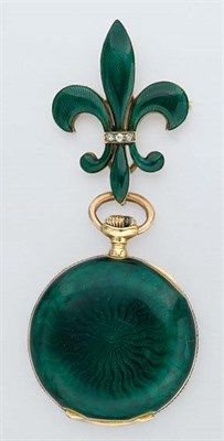 Lot 302 - Antique Gold, Green Guilloche Enamel and Diamond Lapel Watch