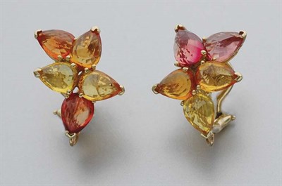 Lot 128 - Pair of Gold and Cabochon Multi-Colored Sapphire Earclips