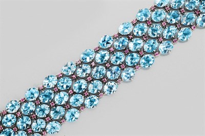 Lot 311 - Five Row Blue Topaz and Pink Sapphire Bracelet