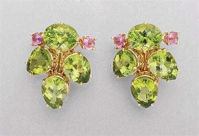 Lot 335 - Pair of Peridot and Pink Sapphire Earrings