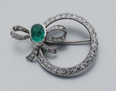 Lot 2371 - Diamond and Cabochon Emerald Brooch