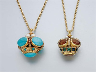 Lot 131 - Two Gold, Gem-Set and Cultured Pearl Pendants with Gold Chains