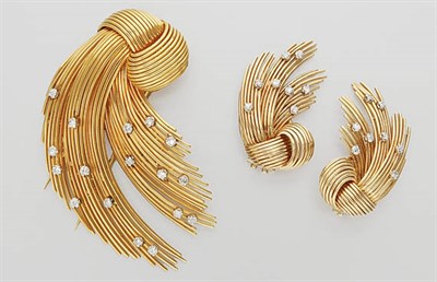 Lot 142 - Gold and Diamond Spray Clip-Brooch and Pair of Earclips