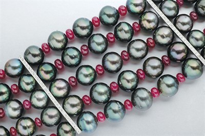 Lot 376 - Five Strand Black Cultured Pearl, Ruby Bead and Diamond Bracelet