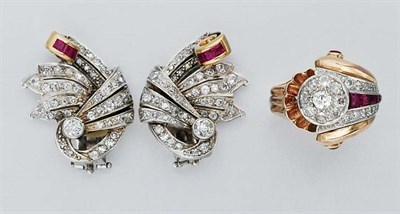Lot 226 - Pair of Diamond and Ruby Earclips and Ring