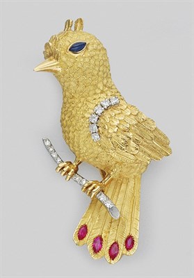 Lot 58 - Gold, Diamond, Ruby and Sapphire Bird Clip-Brooch