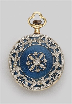 Lot 237 - Guilloche Blue Enamel and Diamond Pendant-Watch