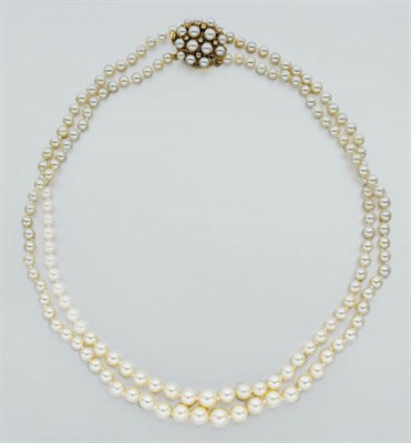 Lot 44 - Double Strand Cultured Pearl Necklace with Cultured Pearl and Diamond Cluster Clasp