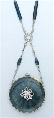 Lot 64 - Platinum, Dark Gray Guilloche Enamel and Diamond Pendant-Watch Necklace