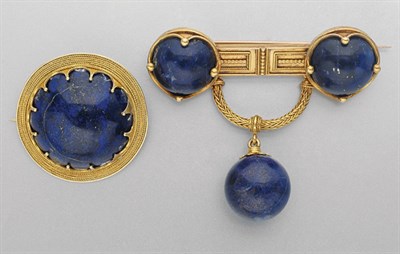 Lot 357 - Two Etruscan Revival Gold and Lapis Brooches