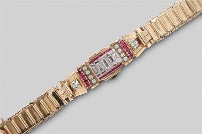 Lot 305 - Rose Gold, Diamond and Ruby Bracelet-Watch
