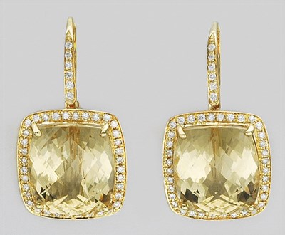 Lot 361 - Pair of Yellow Beryl and Diamond Pendant-Earrings