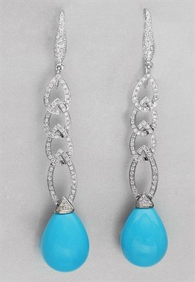 Lot 309 - Pair of Turquoise and Diamond Pendant-Earrings