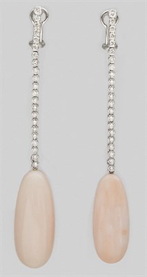 Lot 185 - Pair of Angel Skin Coral and Diamond Pendant-Earrings