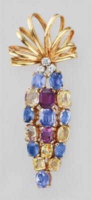 Lot 298 - Gold, Multi-Colored Sapphire and Diamond Bow Clip-Brooch
