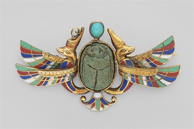 Lot 358 - Egyptian Revival Scarab, Turquoise and Hardstone Brooch