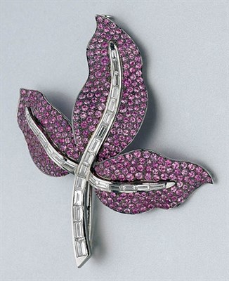 Lot 310 - Pink Sapphire and Diamond Leaf Brooch