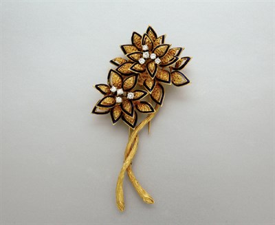 Lot 12 - Gold, Blue Enamel and Diamond Flower Clip-Brooch