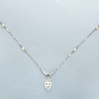 Lot 343 - White Gold, Diamond and Seed Pearl Pendant-Necklace