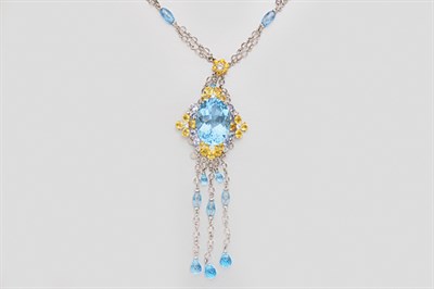 Lot 79 - White Gold, Blue Topaz, Yellow Sapphire, Morganite, Diamond and Frosted Rock Crystal Bead Pendant-Necklace