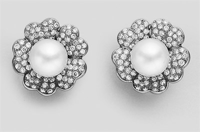 Lot 271 - Pair of Cultured Pearl and Diamond Flower Earrings