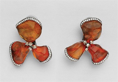 Lot 74 - Pair of Fire Opal and Diamond Flower Earclips