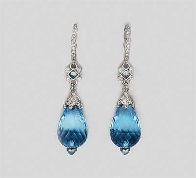 Lot 29 - Pair of Blue Topaz and Diamond Pendant-Earrings
