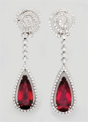 Lot 120 - Pair of Rubellite and Diamond Pendant-Earrings