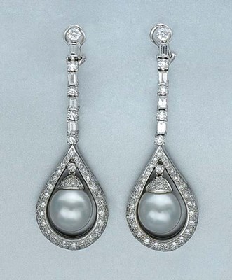 Lot 133 - Pair of Cultured Pearl and Diamond Pendant-Earrings