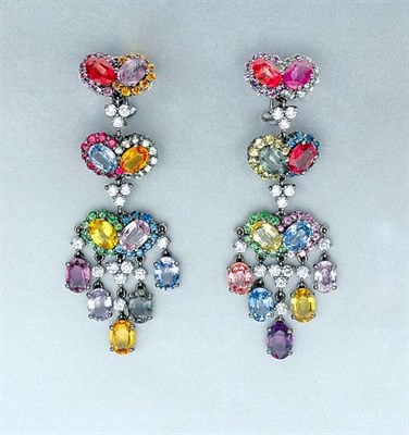 Lot 328 - Pair of Multi-Colored Sapphire, Green Garnet and Diamond Pendant-Earrings
