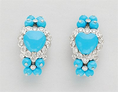 Lot 112 - Pair of  Turquoise and Diamond Earclips