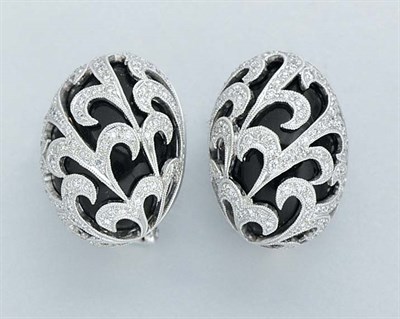 Lot 138 - Pair of Black Onxy and Diamond Bombe Earclips