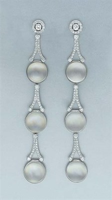Lot 265 - Pair of Moonstone and Diamond Pendant-Earrings