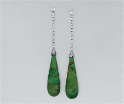 Lot 369 - Pair of Diamond and Green Turquoise Pendant-Earrings