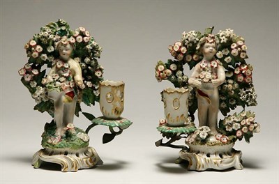 Lot 4475 - Pair of Porcelain Bocage Figural Candlesticks...